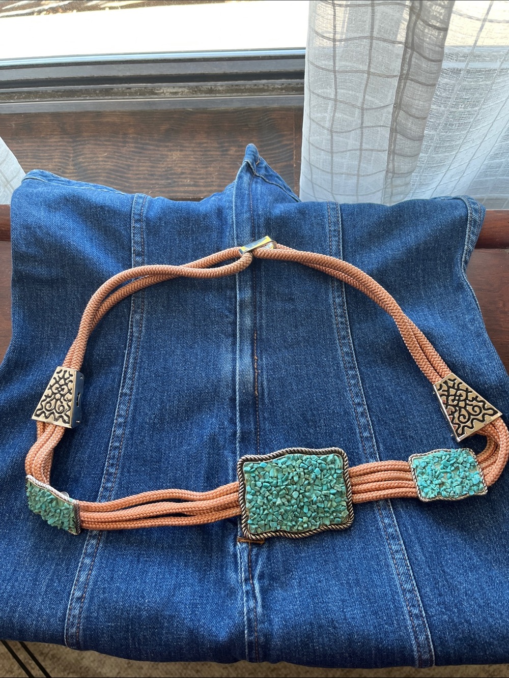 Turquoise Stone Rope Belt with Decorative Metal Accents